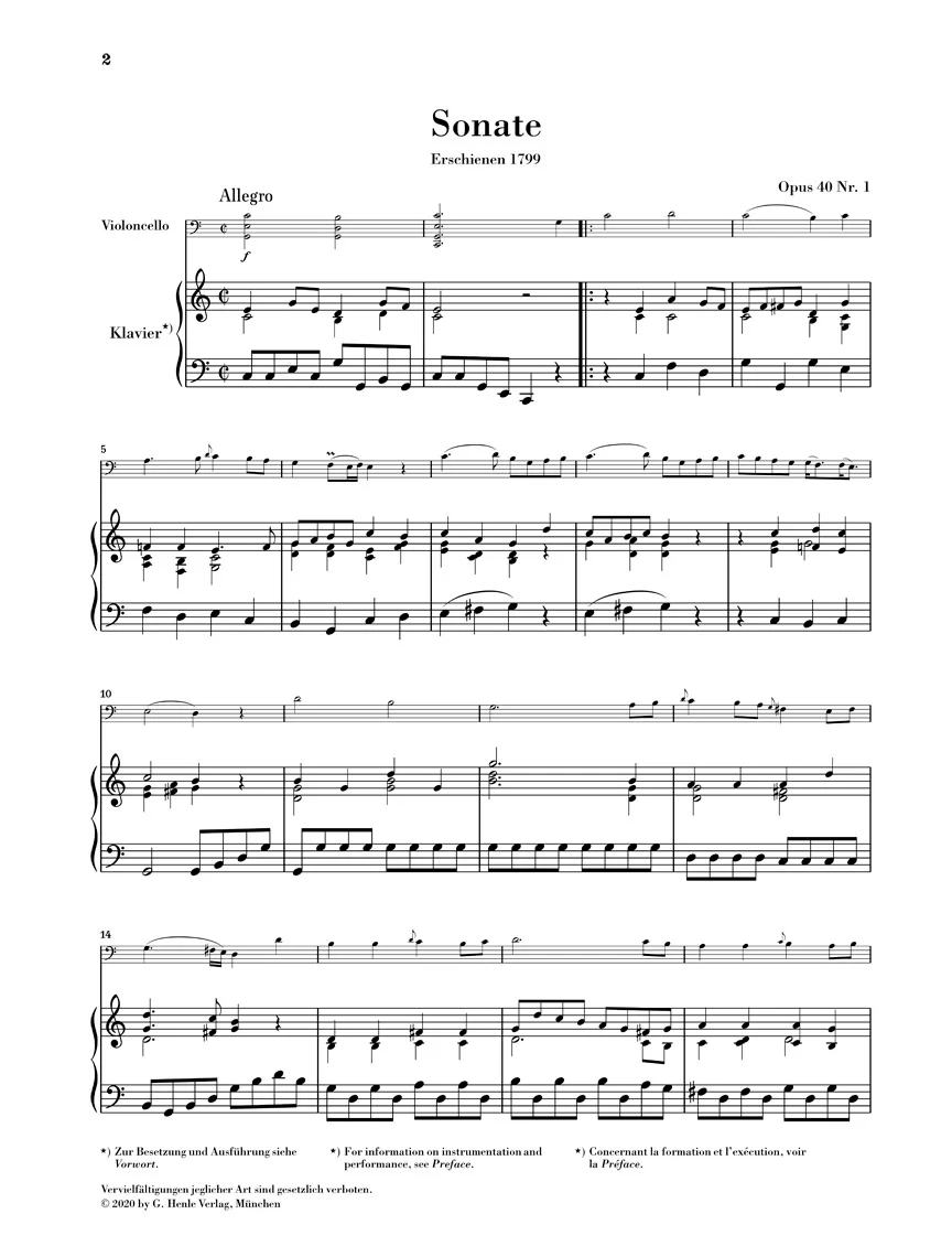 Bréval: Sonata in C major, Op. 40 No. 1 for Cello and Bass (Piano) - Image 2