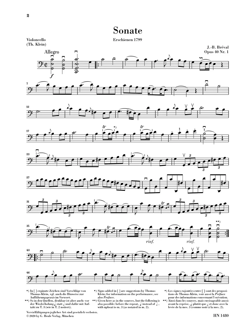 Bréval: Sonata in C major, Op. 40 No. 1 for Cello and Bass (Piano) - Image 4