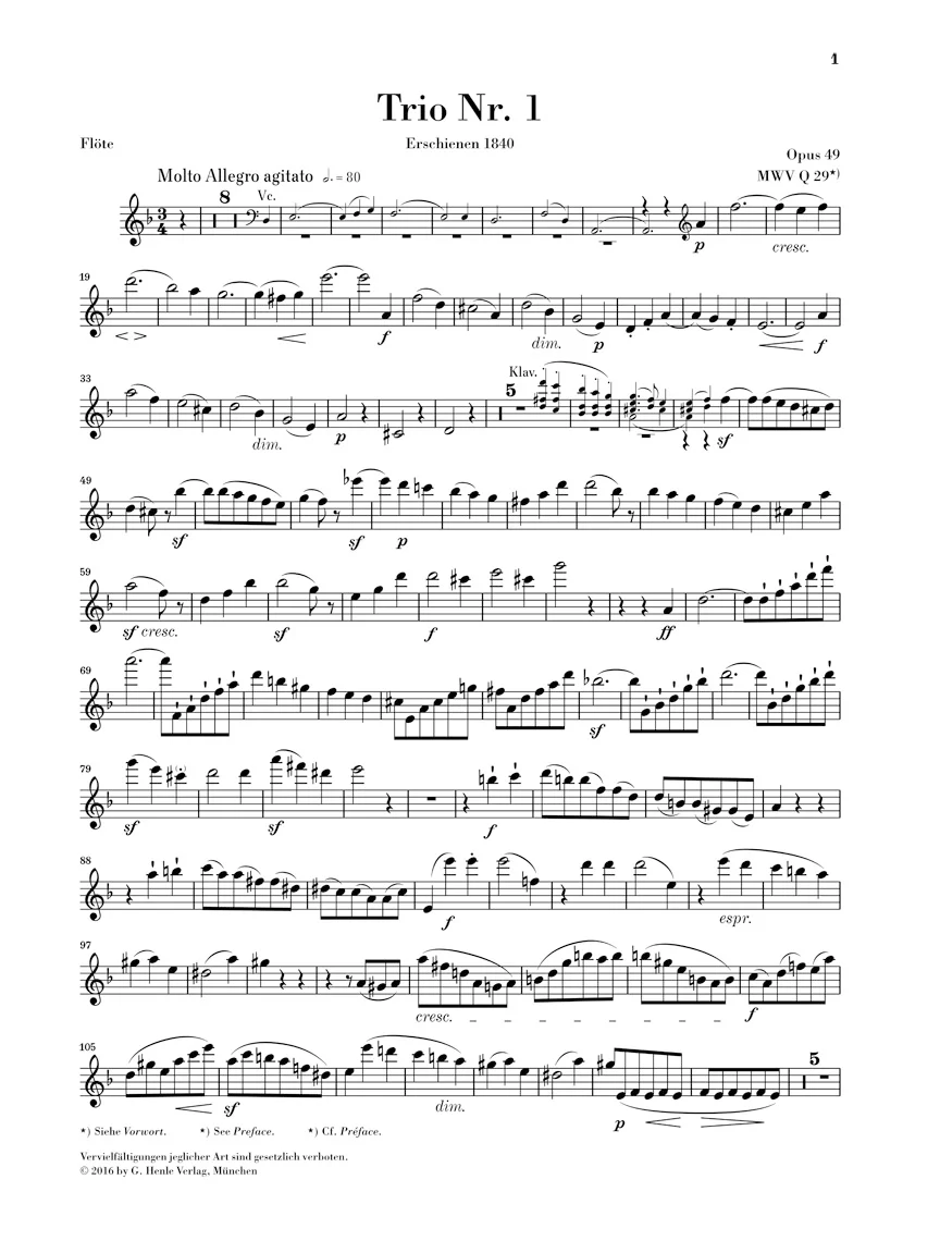 Clearance: Mendelssohn Piano Trio in d minor Opus 49 Flute part - Image 2