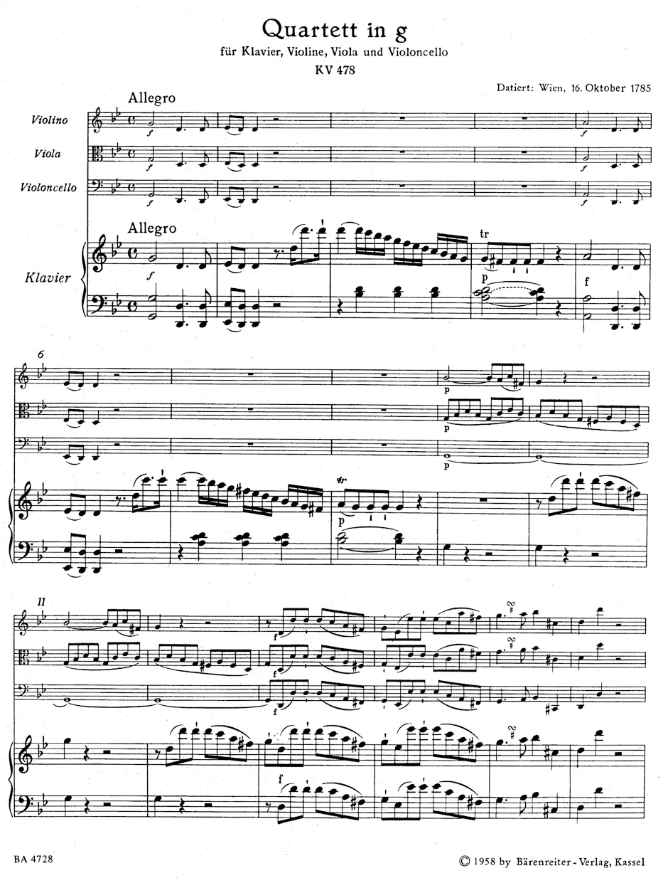 Clearance: Mozart Quartet for Piano, Violin, Viola and Violoncello in g minor K 478 - Image 2