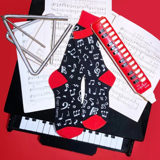 Socks: Dancing Notes Women's (Black with white notes + red accent) - Image 3