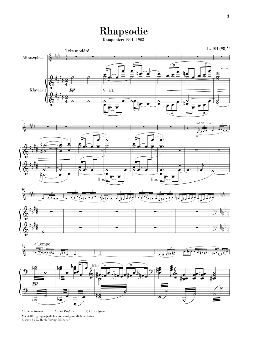 Debussy: Rhapsody for Alto Saxophone and Orchestra (Piano Reduction) - Image 2