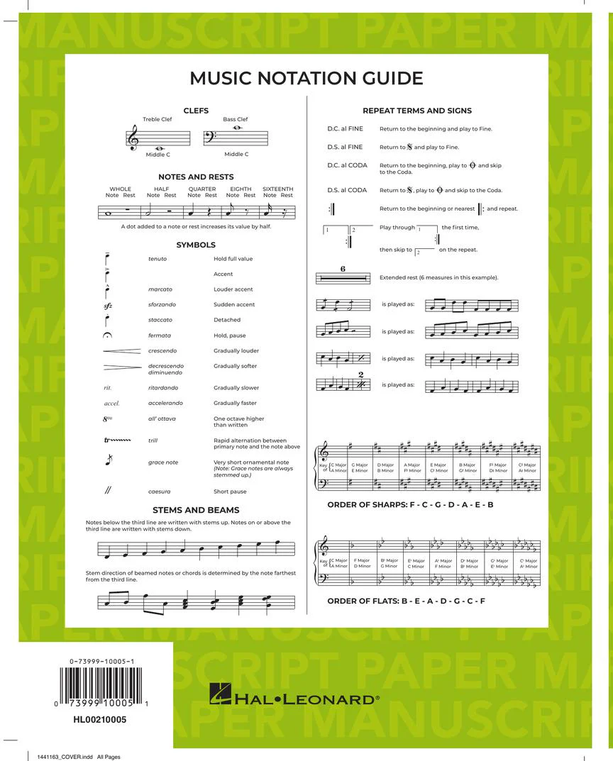 Manuscript Paper Wire-Bound: Hal Leonard, Standard (Green Cover) 96pgs (8.5" x 11") - Image 3
