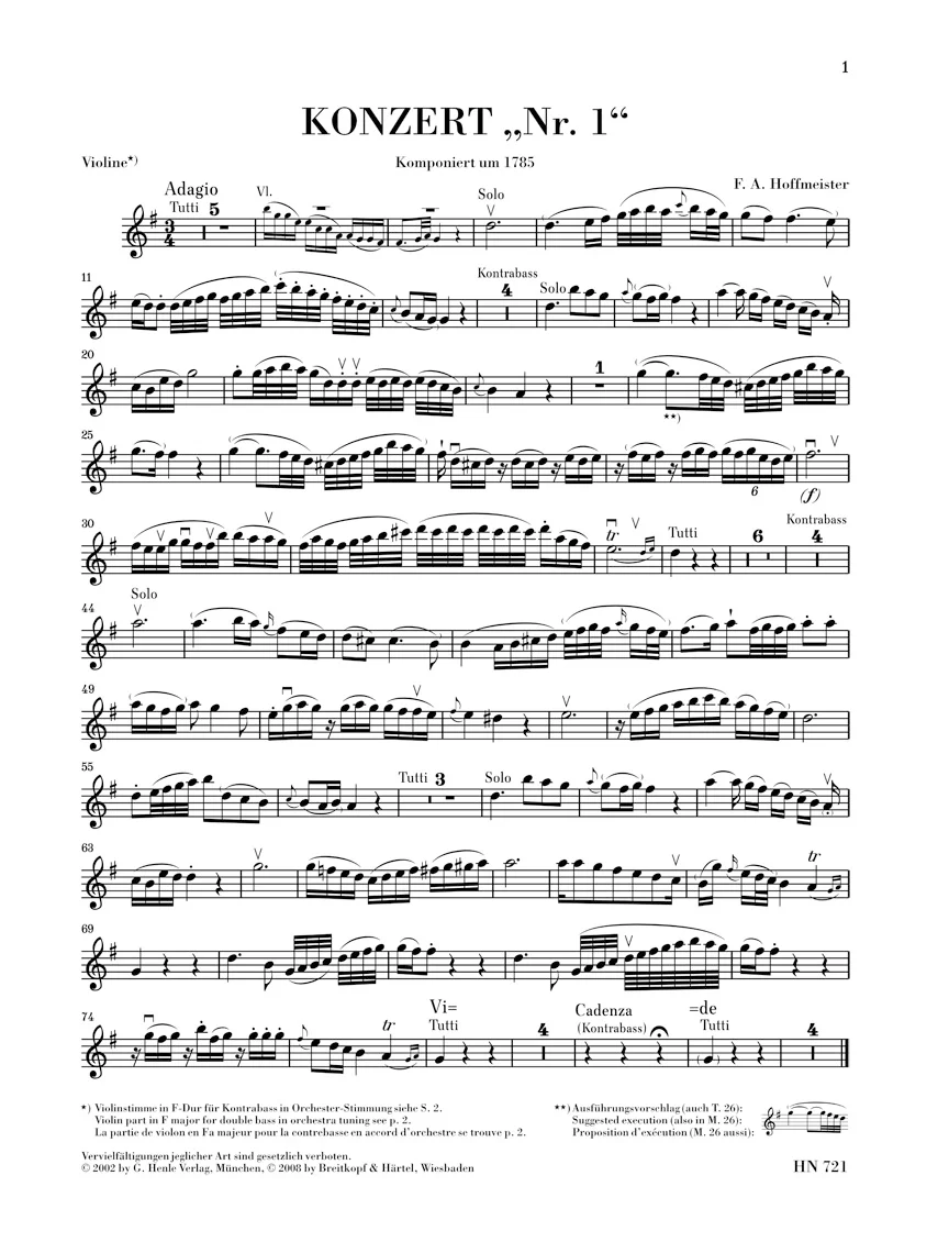 Hoffmeister: Concerto "No. 1" for Double Bass and Orchestra (with Violin obbligato) - Image 3