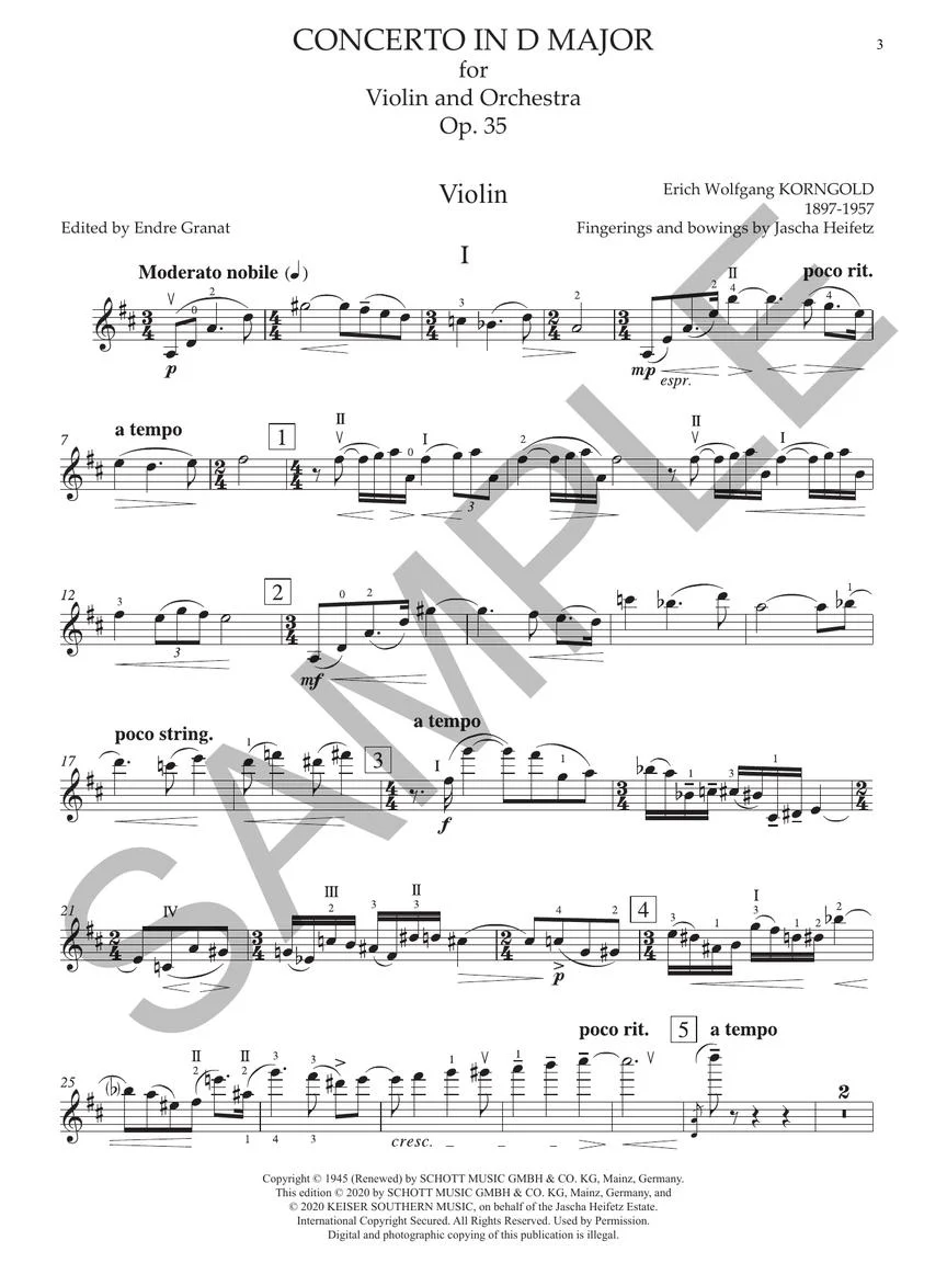 Korngold Violin Concerto In D Major, Op. 35 Violin Solo Part Only Critical Edition - Image 4