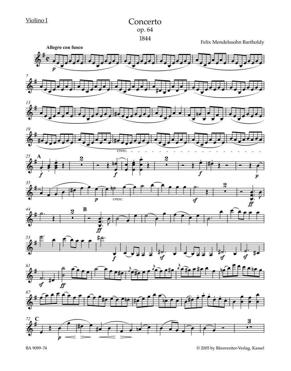 Clearance: Mendelssohn Concerto for Violin and Orchestra in E minor Violin 1 Part