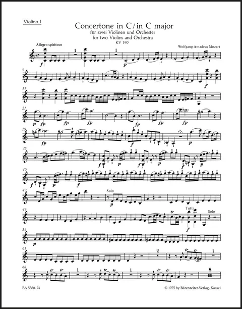 Mozart: Concertone for 2 Violins in C Major, K. 190 (186e): Violin I Part