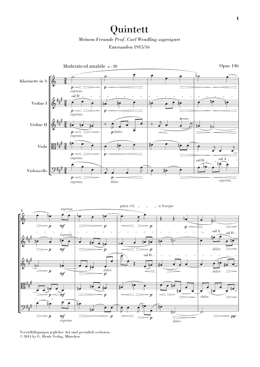 Reger: Clarinet Quintet in A major, Op. 146 (Study Score) - Image 2