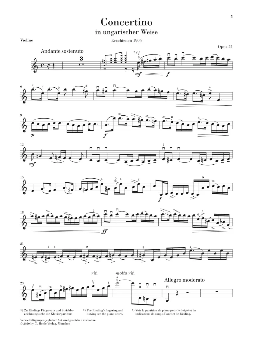 Rieding: Concertino in a minor, Op. 21 in Hungarian Style for Violin and Piano (Score and Parts) - Image 4