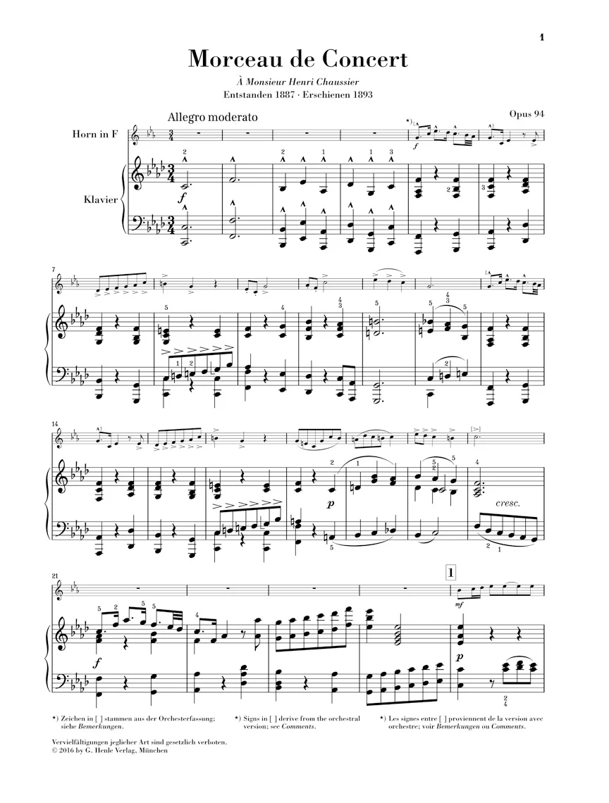 Saint-Saëns: Morceau de Concert in f minor, Op. 94 for Horn and Piano (Score and Parts) - Image 2