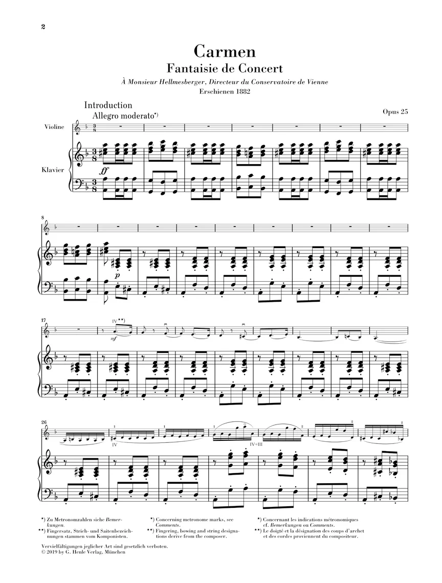 Sarasate: Carmen Fantasy, Op. 25 for Violin and Piano (Score and Parts) - Image 2