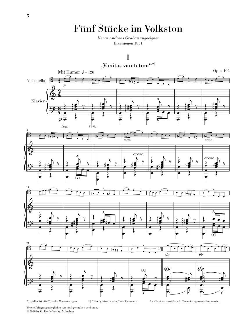 Schumann: Five Pieces in Folk Style, Op. 102 for Cello and Piano - Image 2
